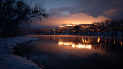 Obraz premium Lit stadium at dusk, on a lake, snow surrounding, serene winter scene.