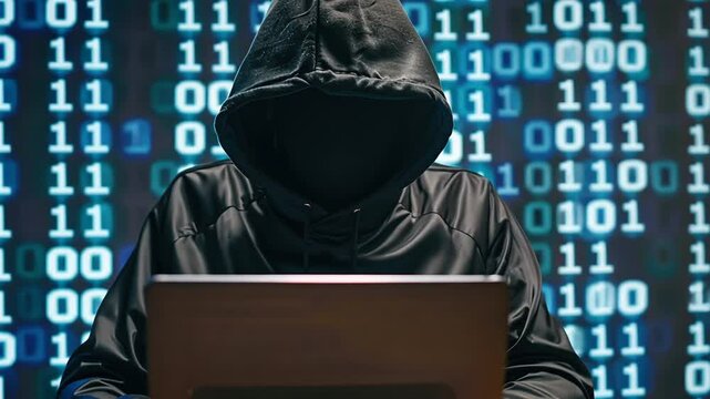 Cybersecurity threat concept with hacker using laptop to commit crimes