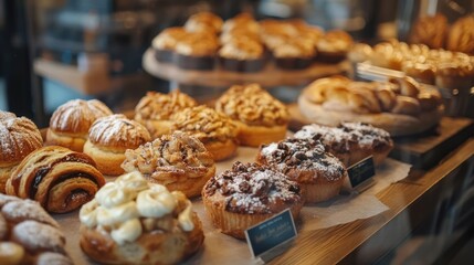 Delightful assortment of pastries and cakes displayed in an inviting bakery showcase