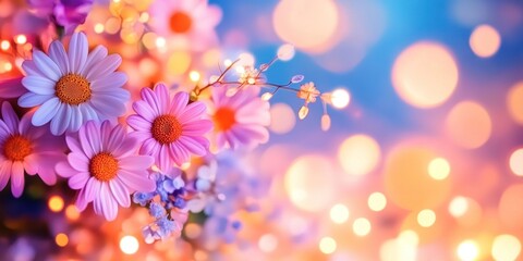 Delicate Pink and Purple Daisies Illuminated by Fairy Lights