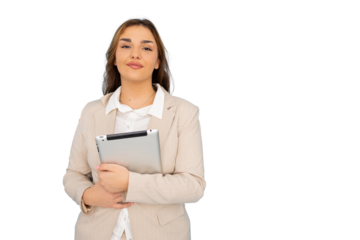 Confident businesswoman holding digital tablet, isolated on transparent background