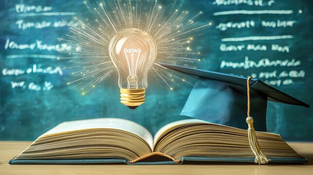 A bright, colorful illustration of an open book with a glowing light bulb above, and a graduation cap in the foreground, set against a school blackboard.