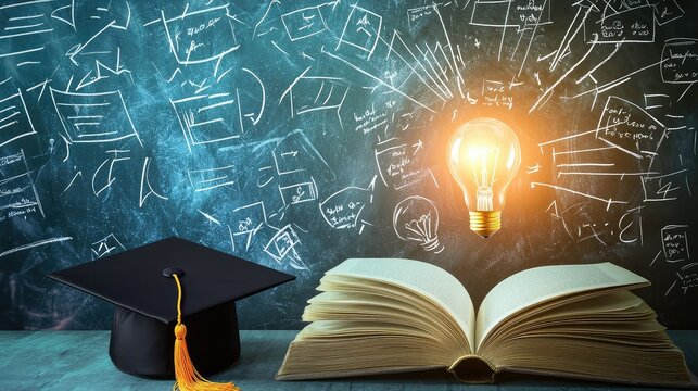 A bright, colorful illustration of an open book with a glowing light bulb above, and a graduation cap in the foreground, set against a school blackboard. - Powered by Adobe