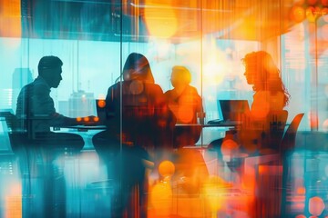 Silhouetted people sitting around a table in a modern glass office with warm orange and cool blue lighting creating a reflective and dynamic atmosphere