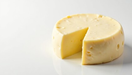 Artisan wheel of creamy white cheese on white background, photography, parmesan, mild