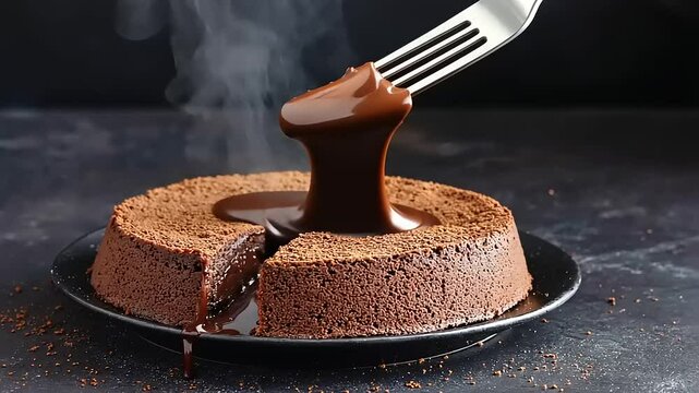 Decadent chocolate cake with molten center being sliced, steam rising, perfect for dessert lovers