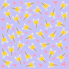 Whimsical Yellow Star Wands and Pink Ribbons on Lavender Background