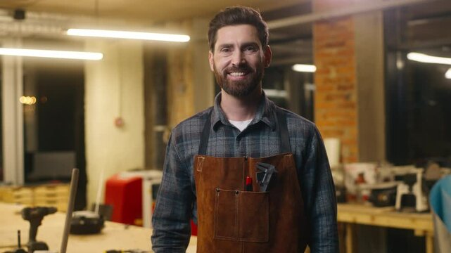 Joyful happy Caucasian worker man builder guy carpenter male looking at camera portrait indoors small business owner smiling in workshop carpentry designer work job wood master in uniform woodworking