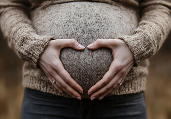 Close-up of a pregnant woman making a heart shape with her hands on her belly, with the focus on the stomach area and a blurred background.