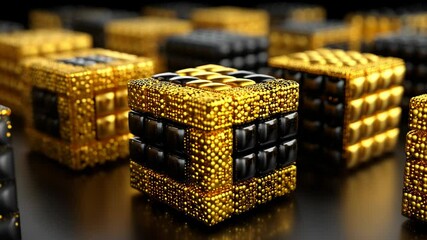 Geometric arrangement of glossy cubes with shiny gold sphere surface and dark tiled accent on a dark backdrop - Powered by Adobe