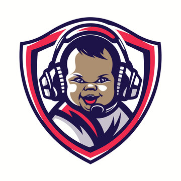 Smiling baby wearing headphones