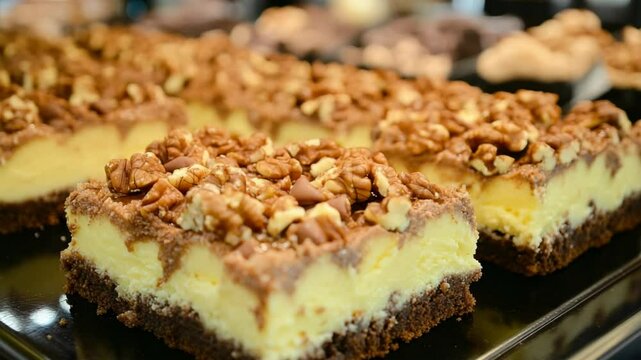 Close-up of walnut cheesecake squares, layered with chocolate and creamy custard filling, arranged on a black serving tray for sale