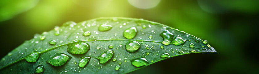 Fototapeta premium Close-up of a green leaf with water droplets on a blurred background, macro view. 