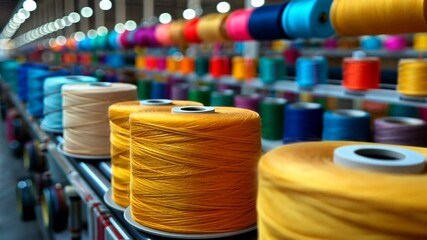 Captivating close-up of colorful yarn spools moving in a textile factory