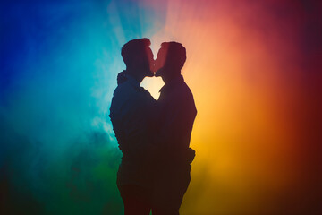 Gay Kiss celebrating authentic LGBTQ love with pride rainbow flag background during festive Gay Pride parade and events