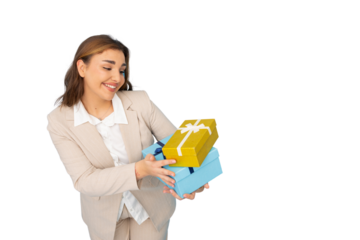 Smiling businesswoman holding two gift boxes, isolated on transparent background