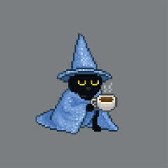 Wizard cat drinking coffee, pixel art meme illustration