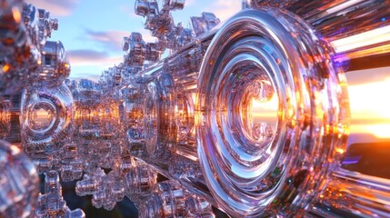 Futuristic crystalline tunnel at sunrise