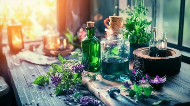 Apothecary still life with glass vials, purple flowers, herbs, candle light, and wooden table creating a witchy, magical, and potion making scene.