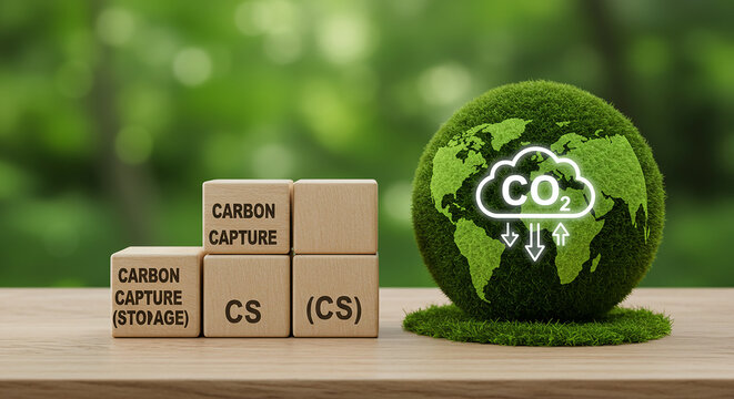 Entrepreneurship, startup, corporate carbon capture concept with earth globe and wooden blocks against a blurred green background showing co