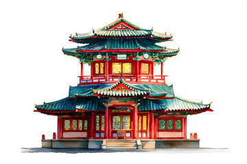 Fototapeta premium Majestic Chinese Pagoda Watercolor Painting Tranquil Red Green Architecture