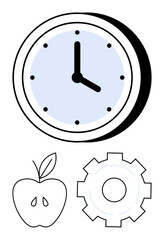 Clock with blue face, apple with leaf, and gear symbolizing time management, health, productivity, work-life balance, organization, wellness and goal-setting. Ideal for simple landing page