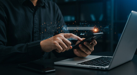 Entrepreneurship, startup, corporate man using a smartphone with a laptop and search bar graphic overlay in a modern office setting