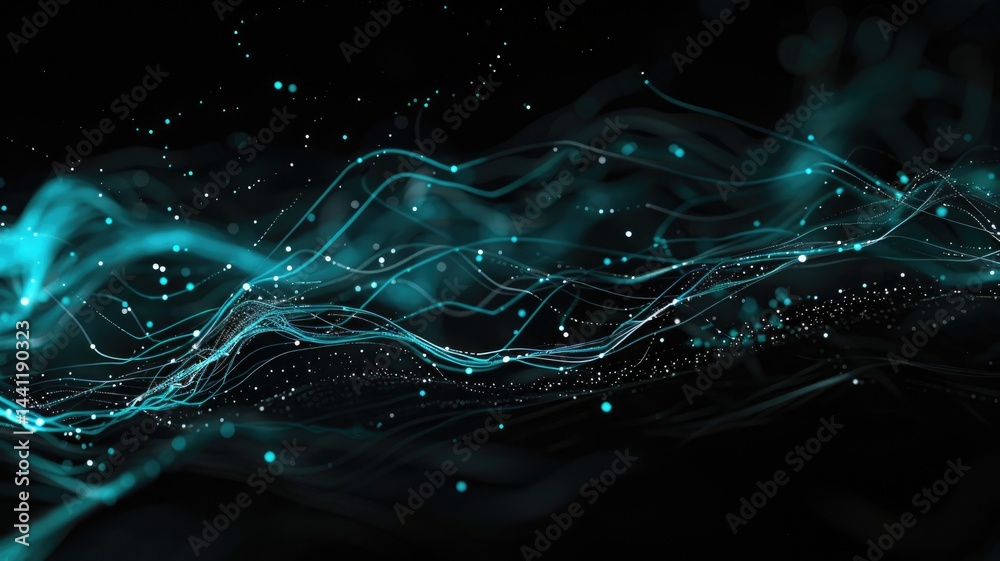 Poster abstract picture of turquoise particle with sparkle atom style design connect and flow show energy d