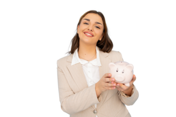 Businesswoman smiling and holding piggy bank, promoting saving and financial responsibility, on a transparent background