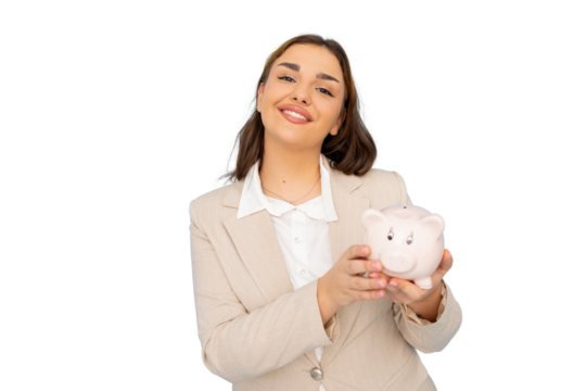 Businesswoman smiling and holding piggy bank, promoting saving and financial responsibility, on a transparent background