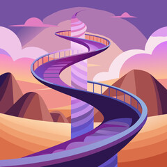 A vibrant purple spiral staircase stands alone in a vast desert landscape.