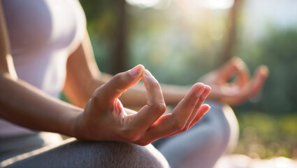 A person is sitting in a meditative pose, with their hands in a specific mudra.

