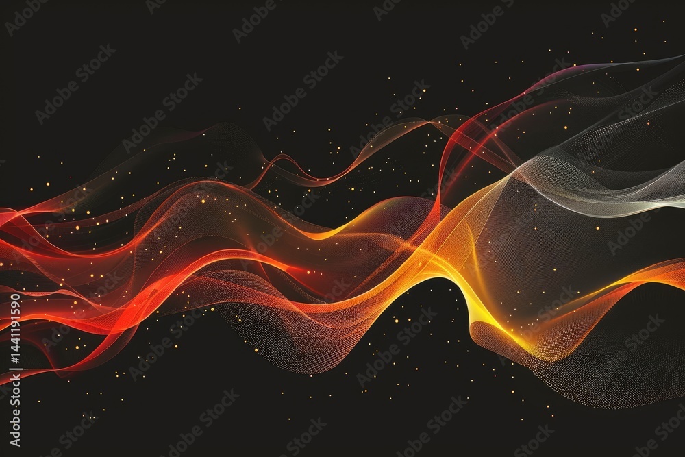 Fototapete Digital wave pattern with glowing lines and particles on dark background. Abstract artwork of digital wave or curving line with vibrant color in fluid or liquid pattern. Technology innovation. AIG51.