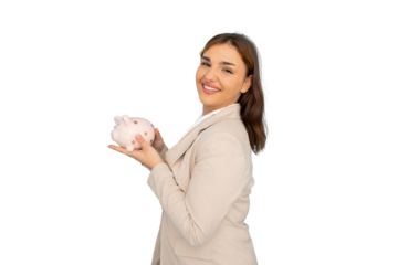 Businesswoman smiling and holding piggy bank, promoting saving and financial responsibility, on transparent background