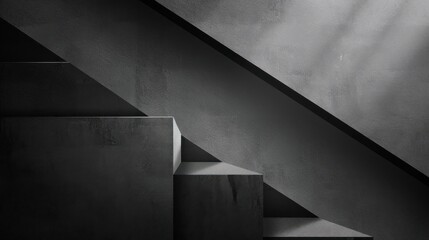 abstract geometric composition of dark concrete stairs and sharp angled shadows creating a monochrome minimalist and mysterious atmosphere
