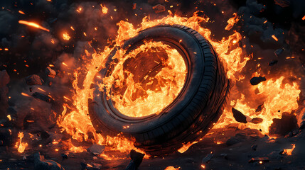 A tire is on fire and surrounded by debris. Star Furnace. Illustration
