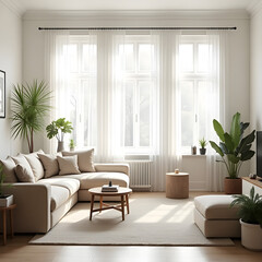 Fototapeta premium Modern minimalist living room interior with neutral tones, cozy sofa, indoor plants, Scandinavian-style furniture, large windows with natural sunlight, warm and inviting atmosphere