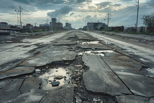 The picture of the road of the urban city that has been cracked, broken and filled with pothole everywhere on the street lead to a city, a pothole is a depression or hollow in a road surface. AIG51.