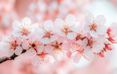 Obraz premium Delicate pink flowers blooming on branch, soft background