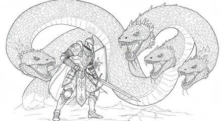 Knight Battling Serpent Line Art