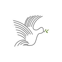 Peace dove outline. Line art bird. Green leaf symbol. Vector minimal style.