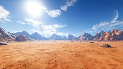 Naklejka premium Desert landscape under blue sky with mountains and a moon