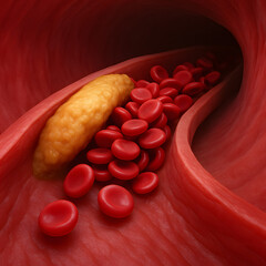 3D anatomical image of clogged artery — red blood cells struggling to pass through fatty blockage