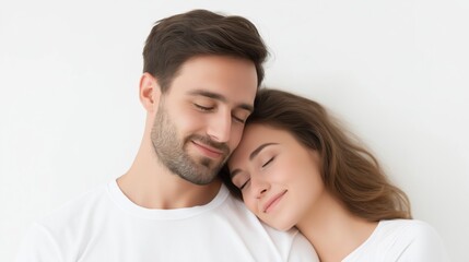Fototapeta premium Couple enjoying intimate moment together with smiles and affection in a bright, minimalist setting.