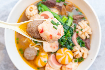 top view bowl of ChaoZhou beef offal and various seafood ingredients at horizontal composition
