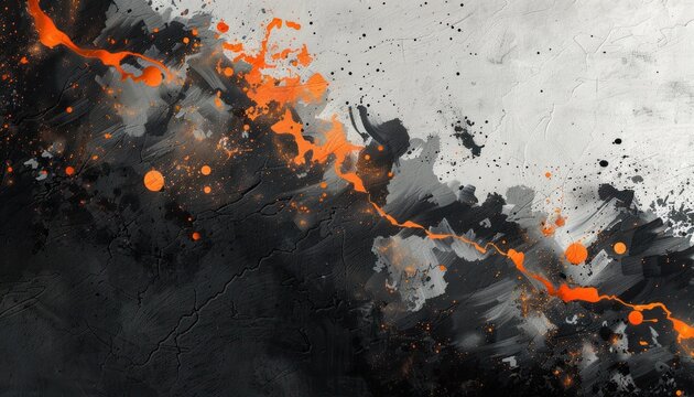 abstract textured artwork with cracked black and white background featuring dynamic orange paint splashes and streaks conveying energy and contrast