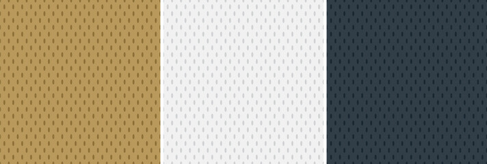 Hockey Jersey Mesh Seamless Vector Patterns in Old Gold, White and Steel Grey. Tricolore Sports Background. Athletic Fabric Texture Close-Up. Breathable and Moisture Wicking Sportswear Textile.