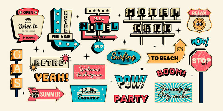Retro sticker set. Motel signboards, direction signs, words, retro summer vibes and trip elements. Vector illustration in vintage style