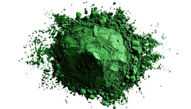 green artistic paint pigment powder pulver pile top view isolated on white or transparent pn ( ).