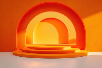 Obraz premium Bright orange and yellow semi-circular layered stage with soft shadows and warm lighting evoking a cheerful and vibrant atmosphere